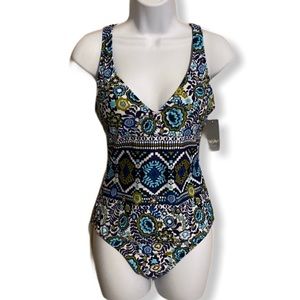 Strappy Back One Piece - Blue/White Paisley